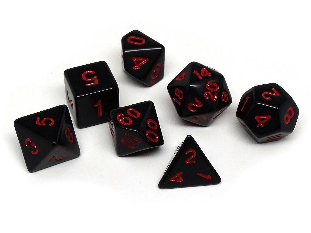 Easy Roller 7 pc Plastic Dice Set - Black Opaque w/ Red Font