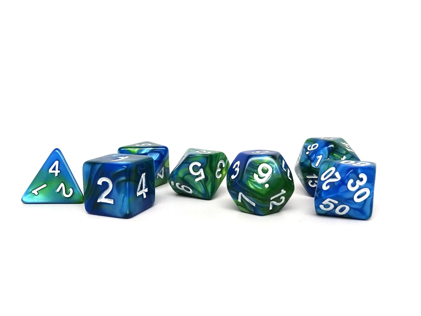 Easy Roller 7 pc Plastic Dice Set - Green and Blue Marble