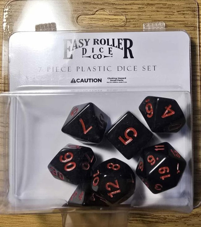 Easy Roller 7 pc Plastic Dice Set - Black Opaque w/ Red Font