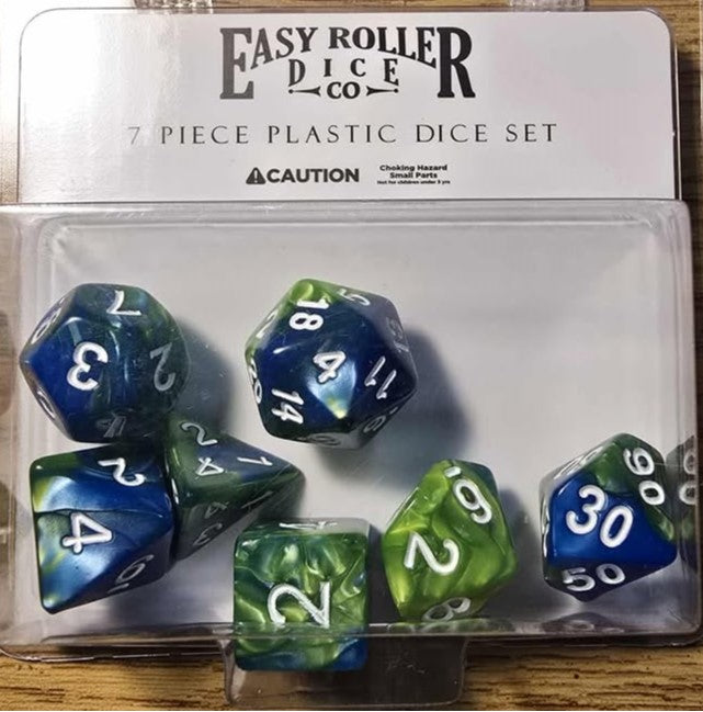 Easy Roller 7 pc Plastic Dice Set - Green and Blue Marble